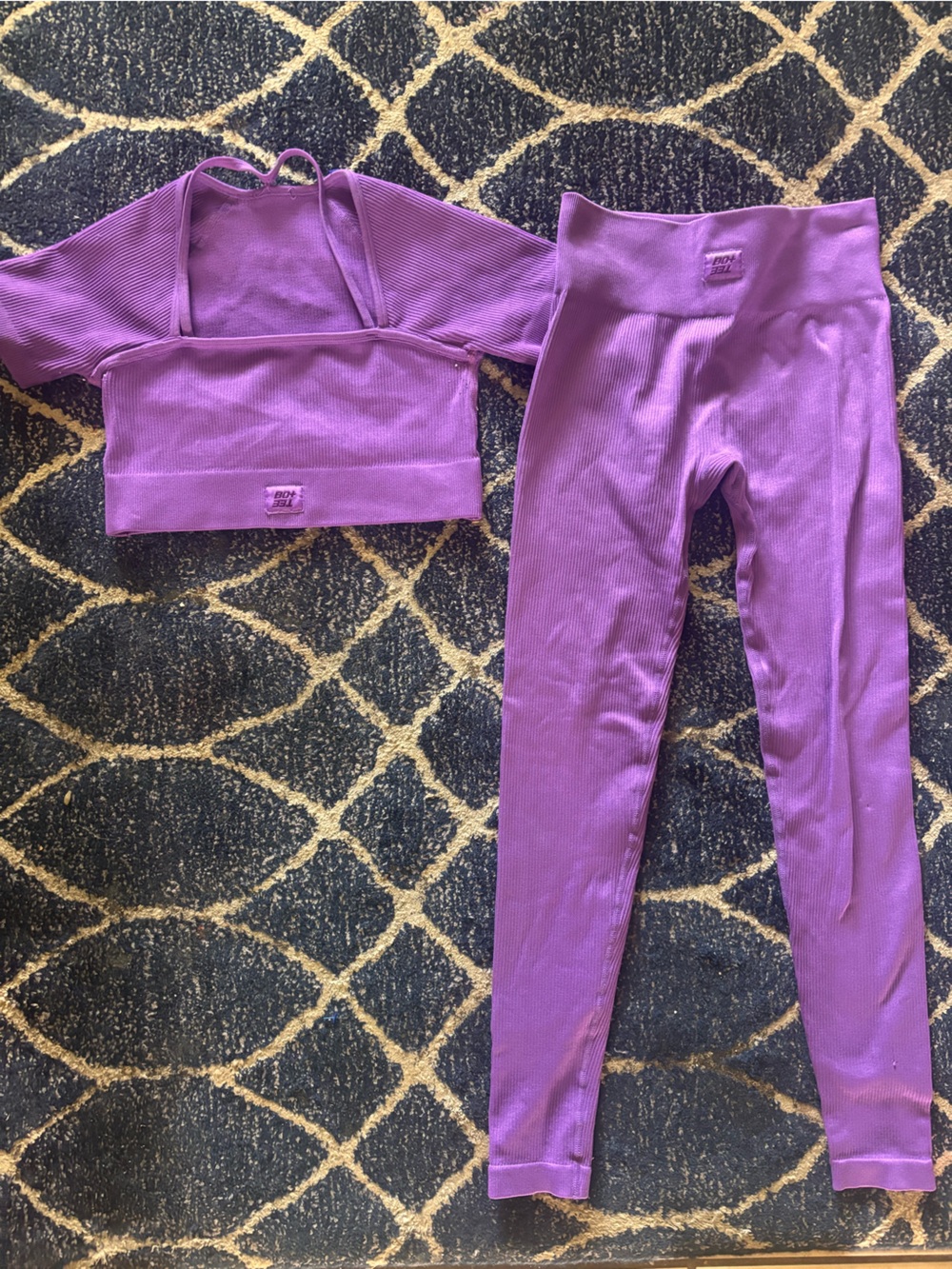 Purple Ribbed Athletic Set - Cropped Top & High-Waist Leggings